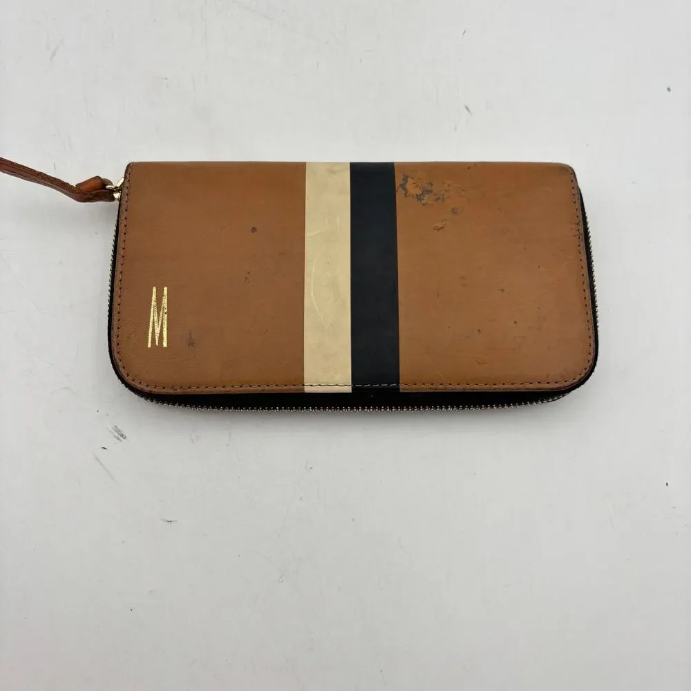 Clare V. Continental Printed Stripe Wallet Leather Tan Initial Logo Minimalist